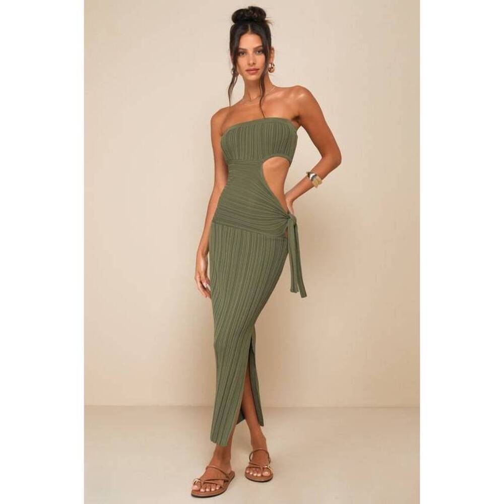 NWT Lulus Serene Chicness Olive Green Ribbed Cutout Sweater Midi Dress - Size M
